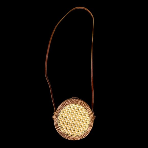 Round Woven Rattan Crossbody Bag Brown Box Purse Boho Shoulder Bag Wicker - Picture 2 of 9